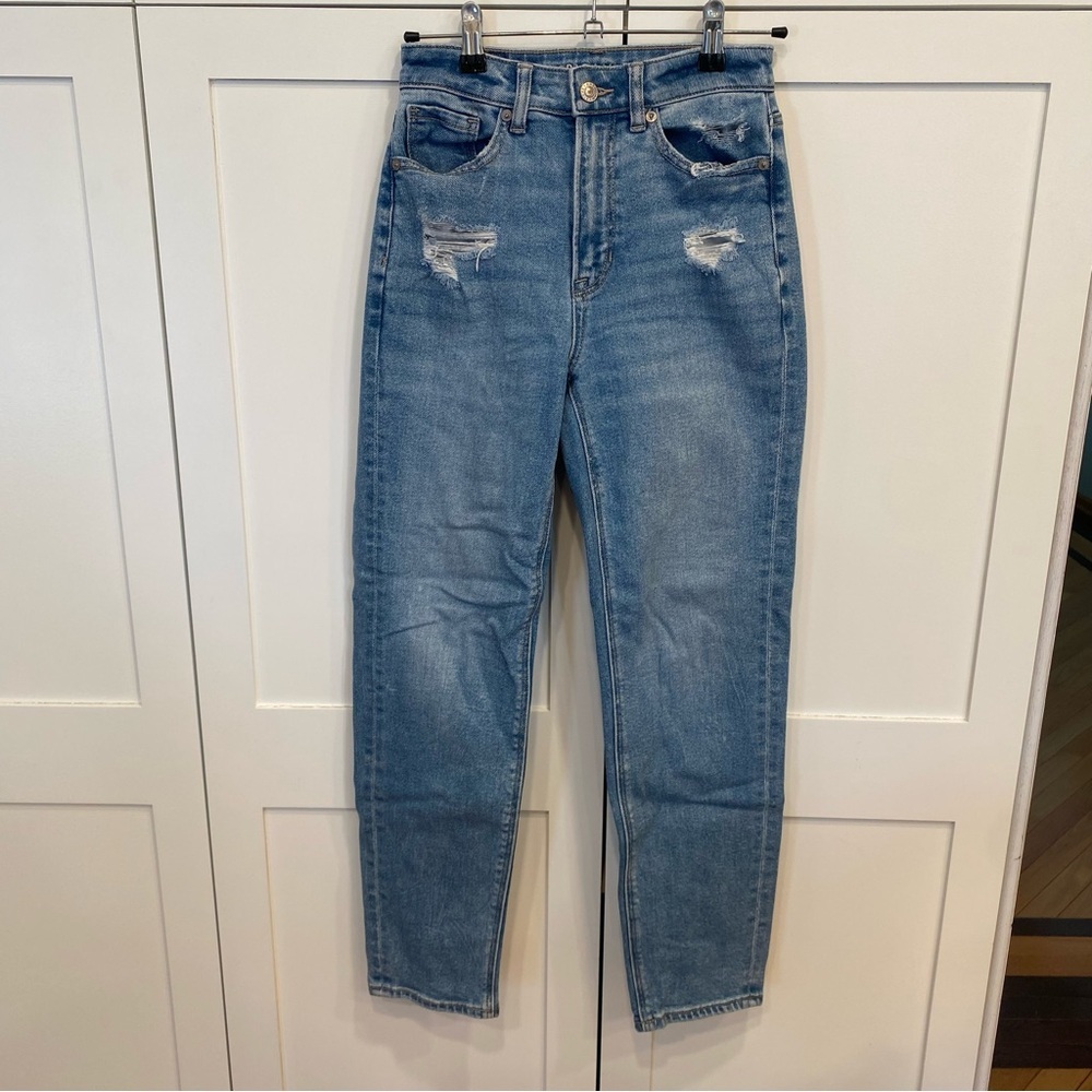 American Eagle Mom Straight Jeans Stretch Sz 00 Ref Distressed Denim Med Wash